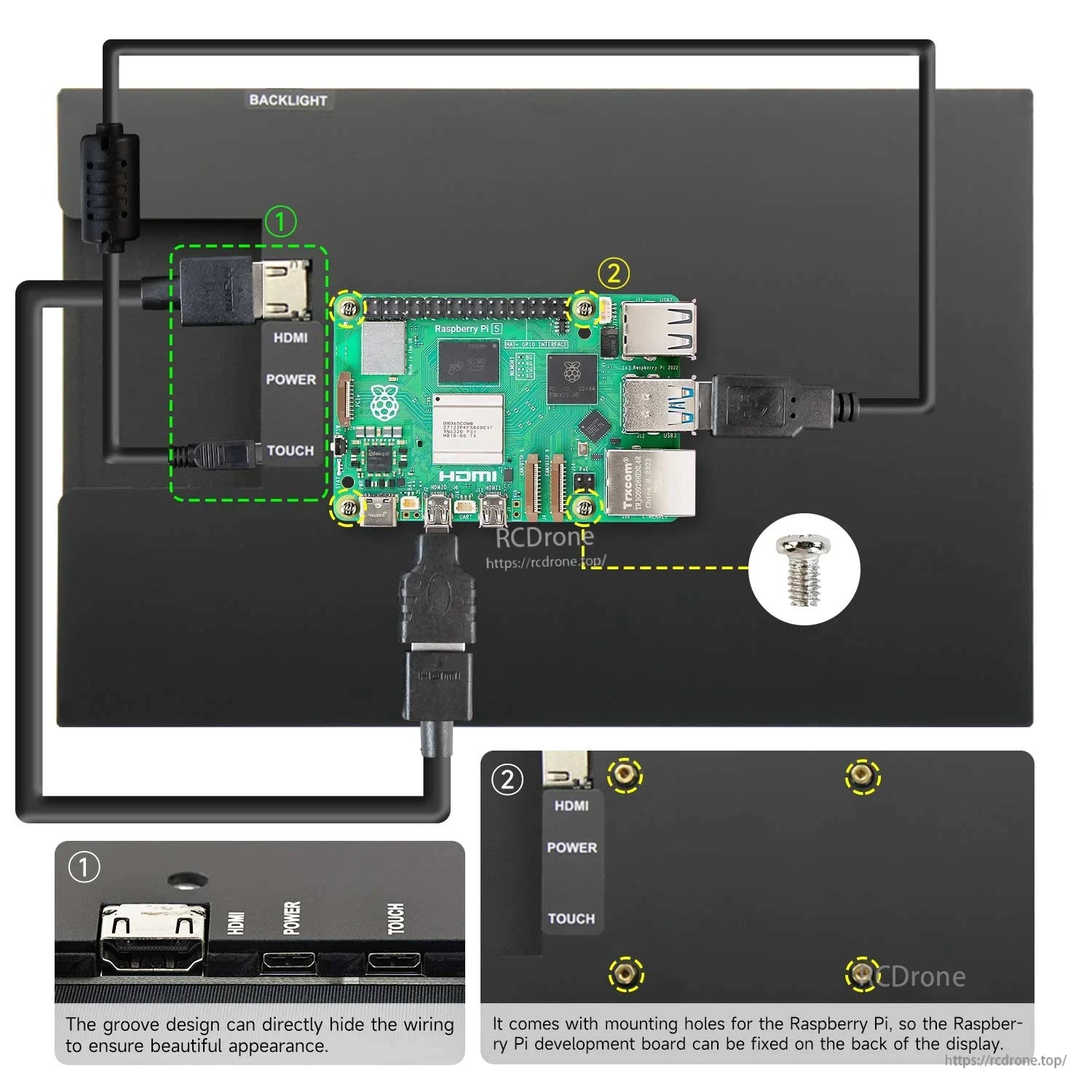 Back panel wiring layout with Raspberry Pi mounted; labeled HDMI, power and touch ports