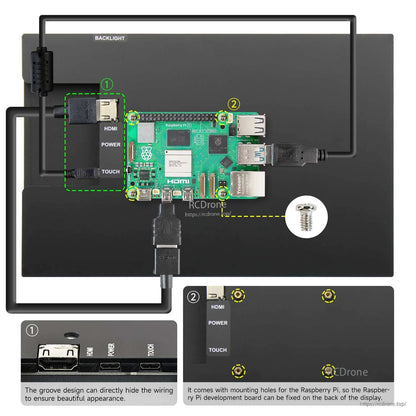 Back panel wiring layout with Raspberry Pi mounted; labeled HDMI, power and touch ports