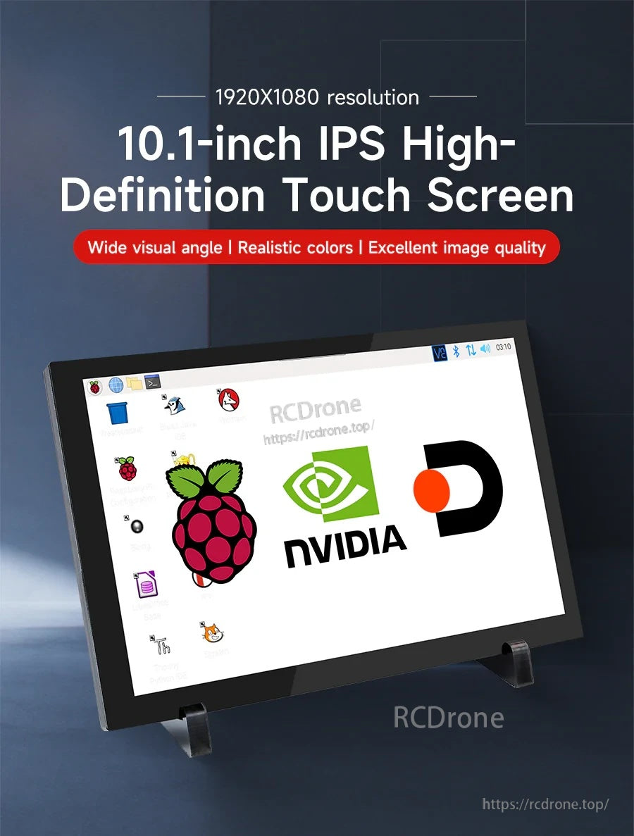 10.1-inch IPS capacitive touch screen display with HDMI input, 1920×1080 support, on desk stand