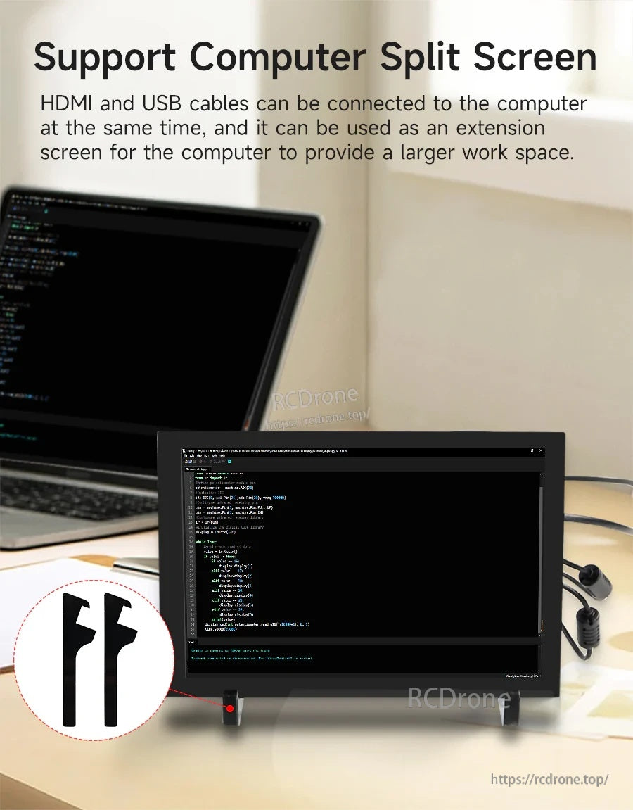 Use as a computer split-screen monitor via HDMI and USB, extending desktop workspace for coding or multitasking