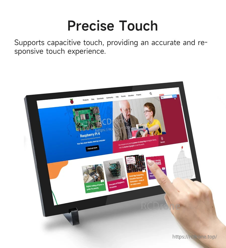 10.1-inch IPS capacitive touch screen demonstrating responsive touch input on a web page, with finger interaction