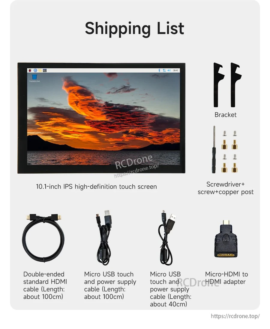 In-the-box accessories: 10.1-inch touchscreen, acrylic bracket, HDMI cable, Micro USB cables, screwdriver, screws, and posts
