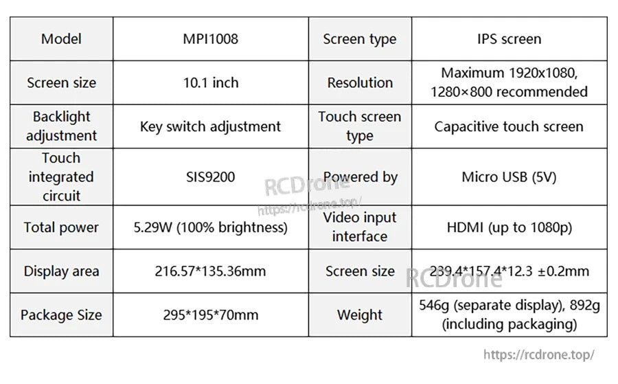 Specification table listing model MPI1008, 10.1-inch IPS, HDMI up to 1080p, Micro USB 5V power, and capacitive touch