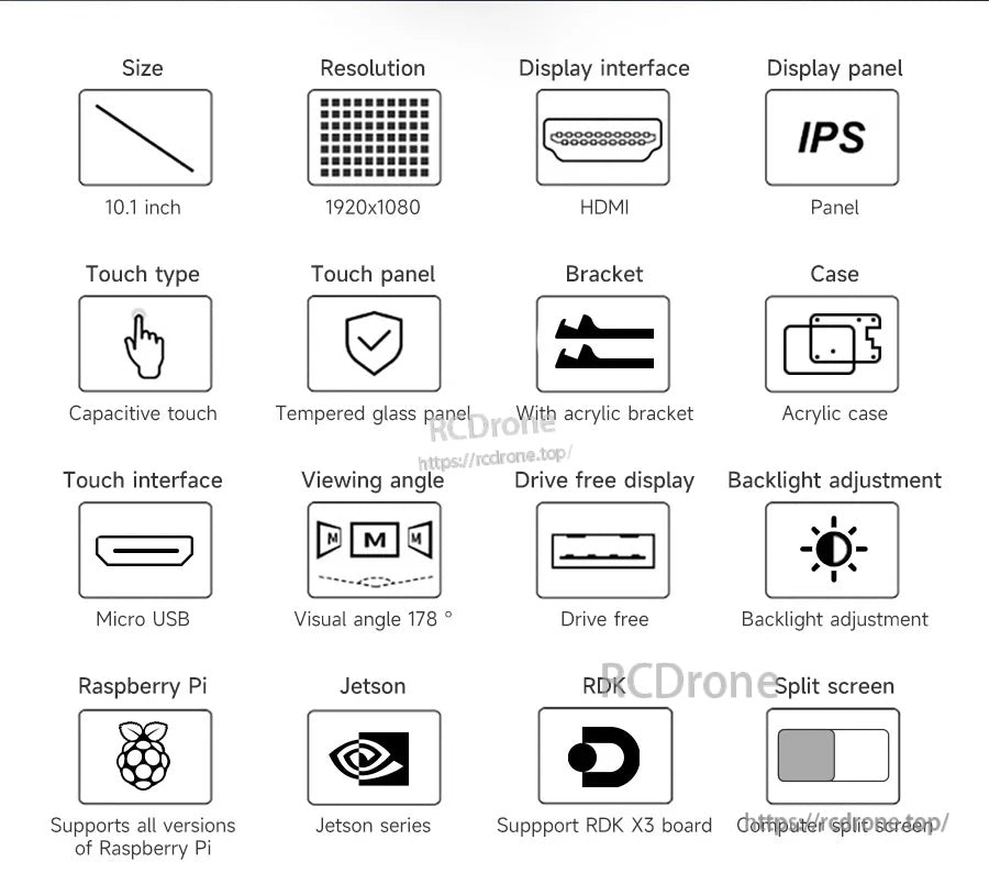 Feature icons for 10.1-inch IPS touch display: HDMI, Micro USB power/touch, tempered glass, acrylic case and bracket