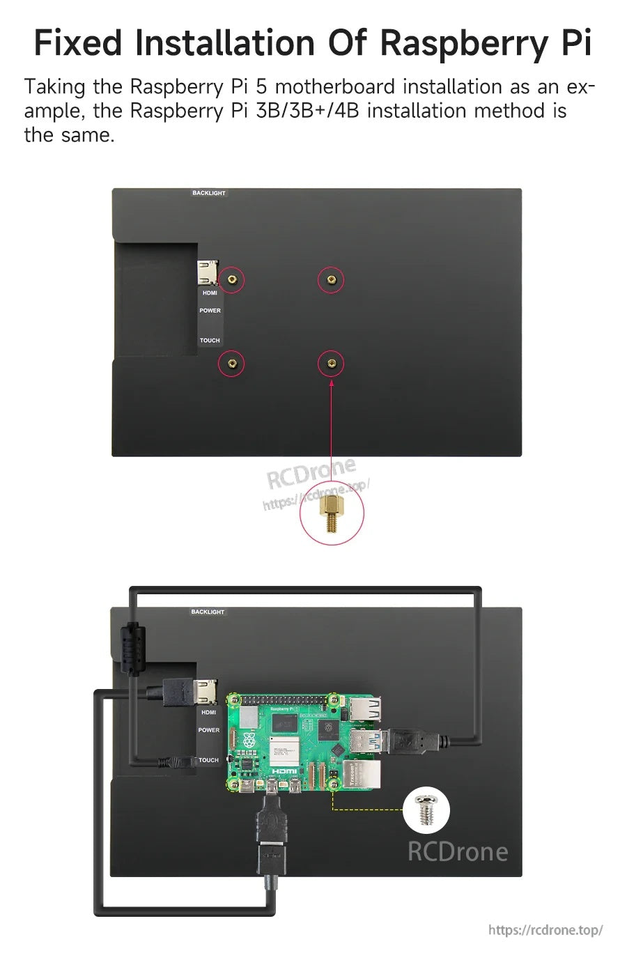 Raspberry Pi mounting example using copper pillar holes on the back, with cable routing space to keep wiring tidy