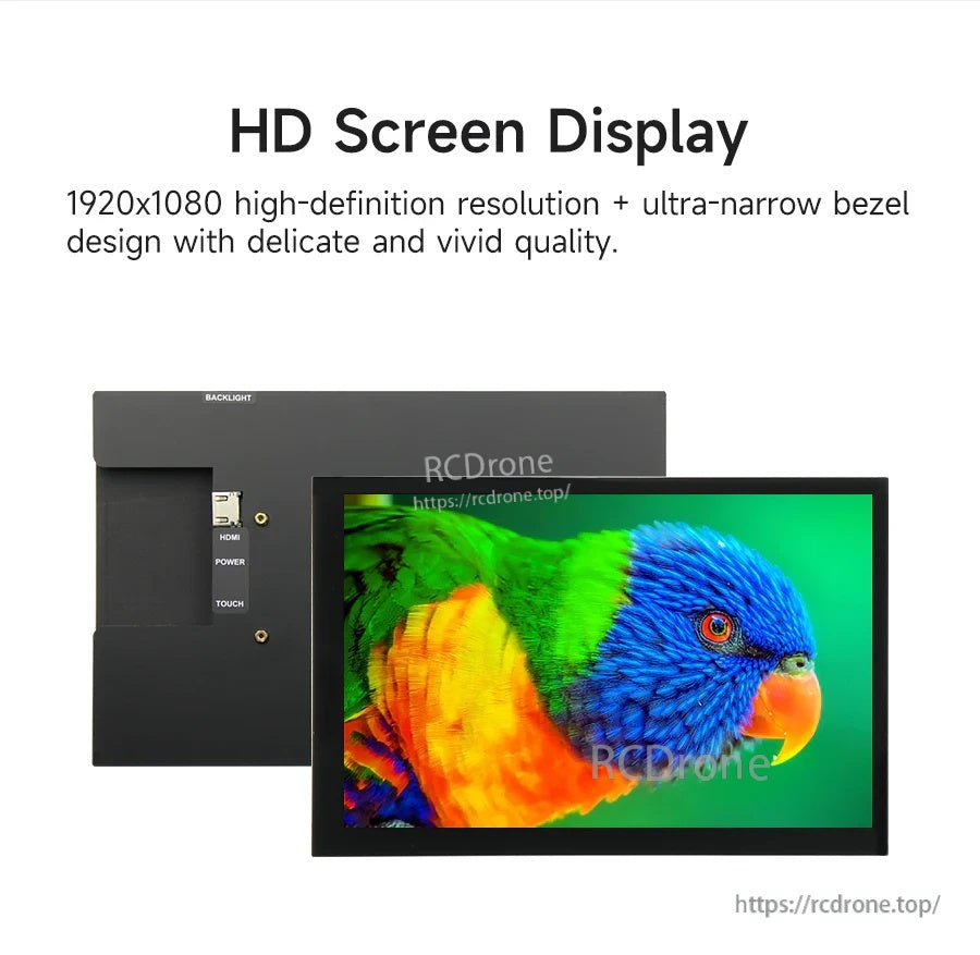 Front and back view highlighting HD display and slim bezel design, with HDMI and USB ports visible on the rear