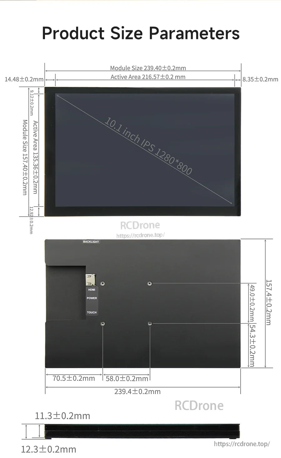Dimension drawing showing overall size, thickness, and active display area for the 10.1-inch screen module
