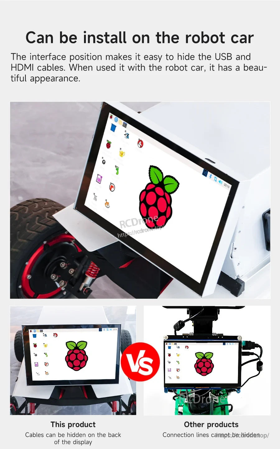 Touchscreen installed on a robot car; comparison highlights hidden cable routing behind the display for cleaner builds