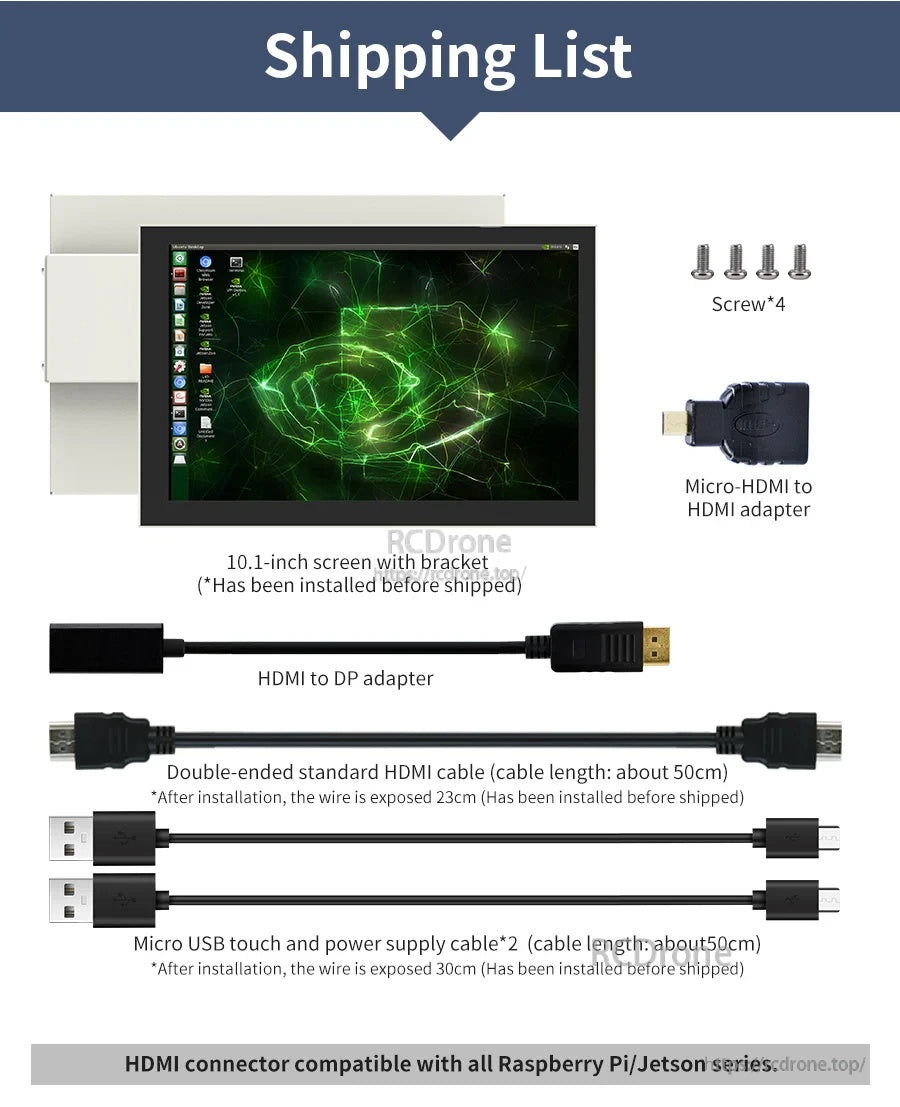 Package contents: 10.1-inch screen with bracket, screws, HDMI cable, USB power/touch cable, adapters