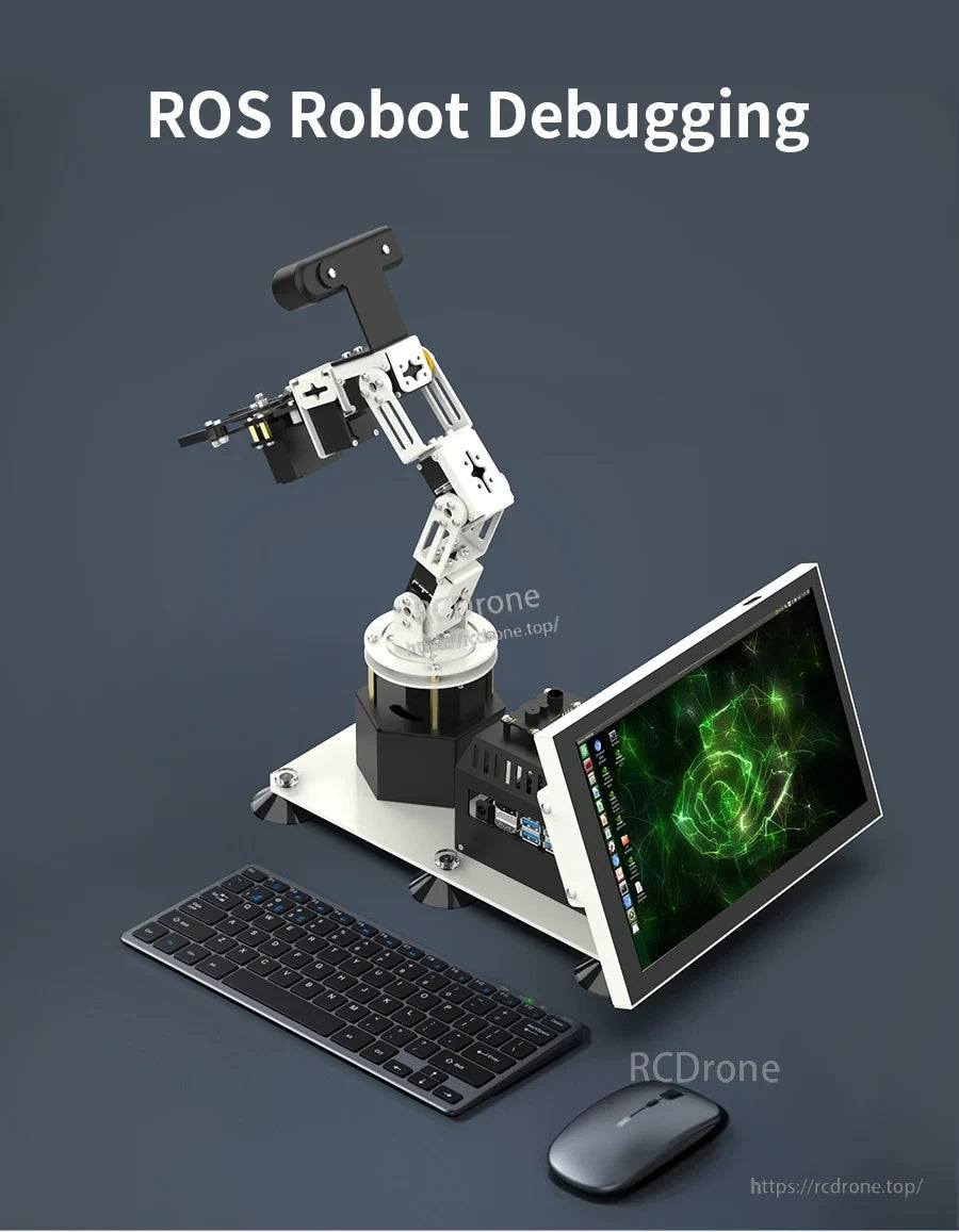 ROS robot debugging setup with the bracketed touchscreen used alongside keyboard and mouse