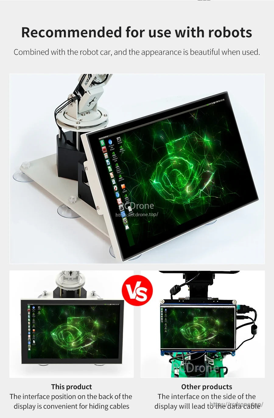Robot-mount use example comparing back-wired design vs side-wired display for cable management