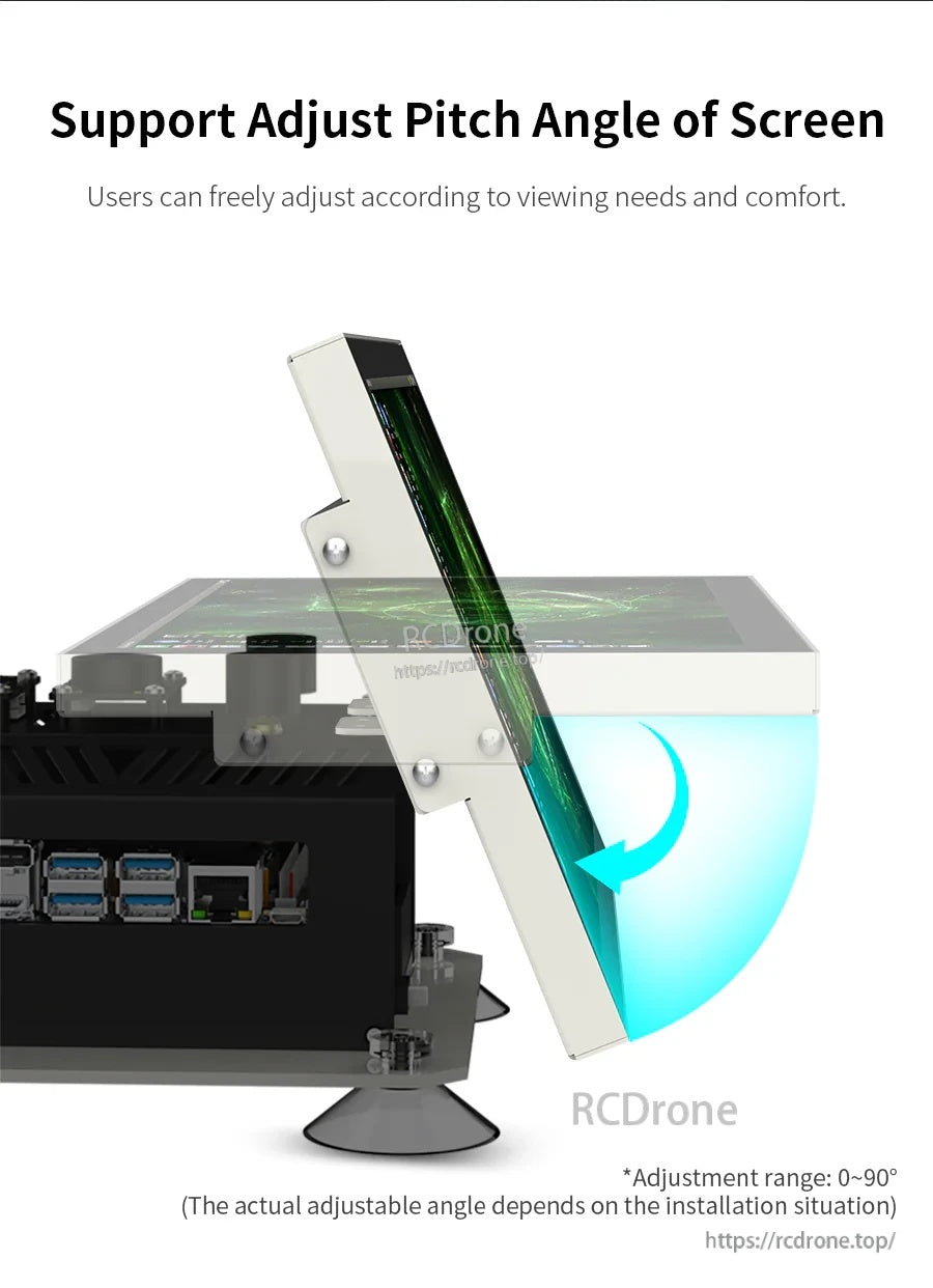Side view of adjustable screen pitch angle (0–90°) on the bracketed touchscreen display