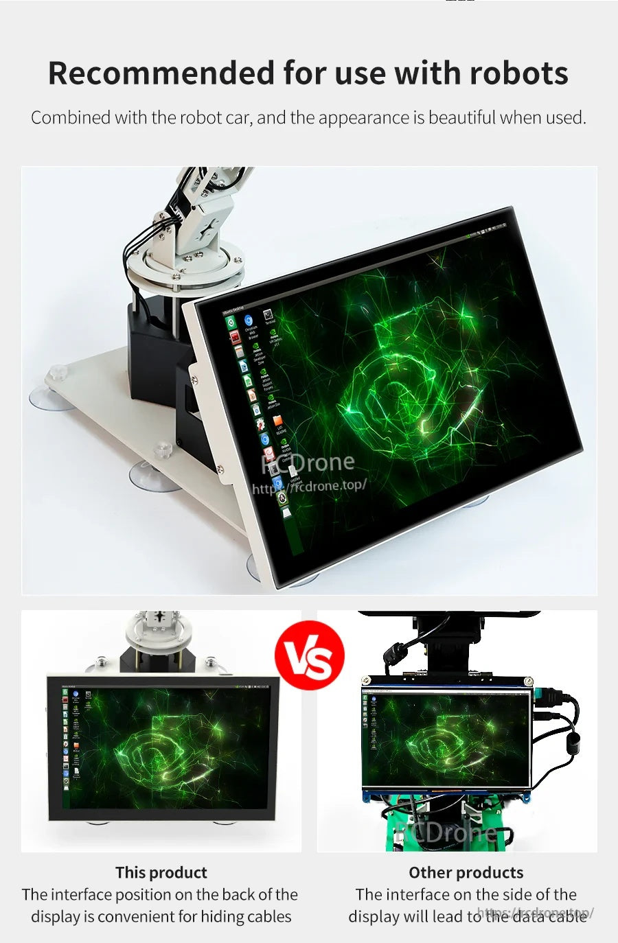 Robot-mount use example highlighting back interface placement to reduce exposed HDMI/USB cables