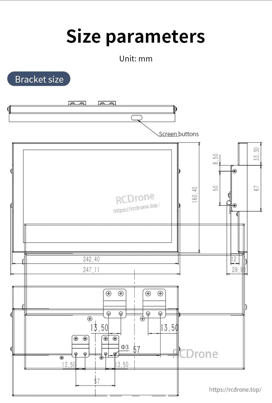 Bracket size parameters technical drawing with mounting hole locations and dimensions (mm)