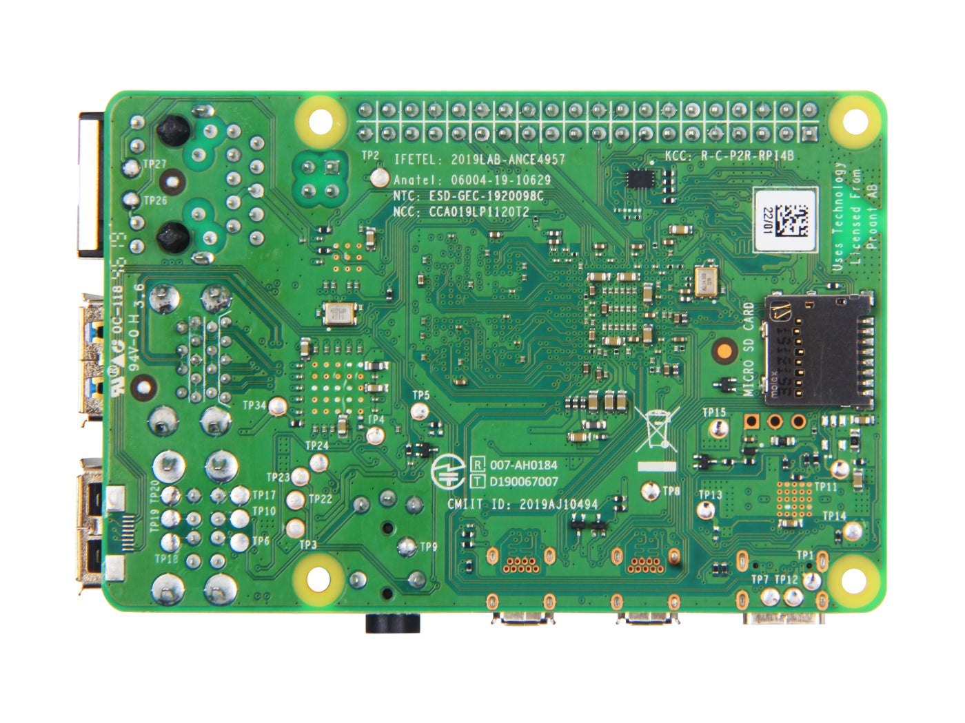 Raspberry Pi 4 Model B features 2GB RAM, 1.5GHz CPU, dual 4K HDMI, Wi-Fi, Bluetooth, USB 3.0, Ethernet, microSD slot, and various connectors, plus regulatory details.