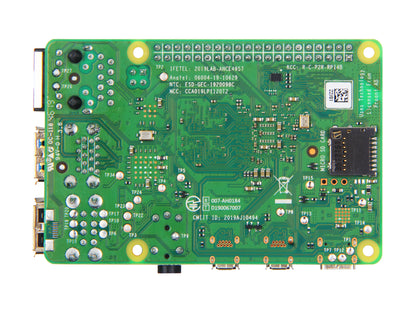 Raspberry Pi 4 Model B features 2GB RAM, 1.5GHz CPU, dual 4K HDMI, Wi-Fi, Bluetooth, USB 3.0, Ethernet, microSD slot, and various connectors, plus regulatory details.