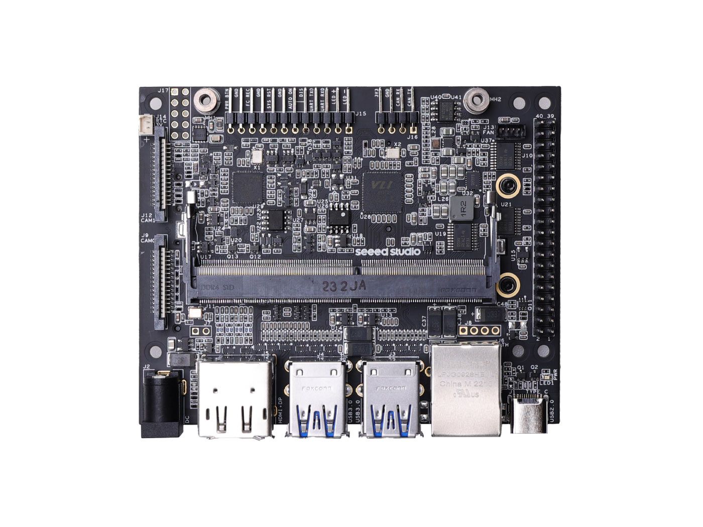 reComputer J202 Carrier Board for NVIDIA Jetson Xavier NX/Nano/TX2 NX, 4x USB3.1, M.2 E/M, HDMI 2.1, DP, GbE, CAN, RTC