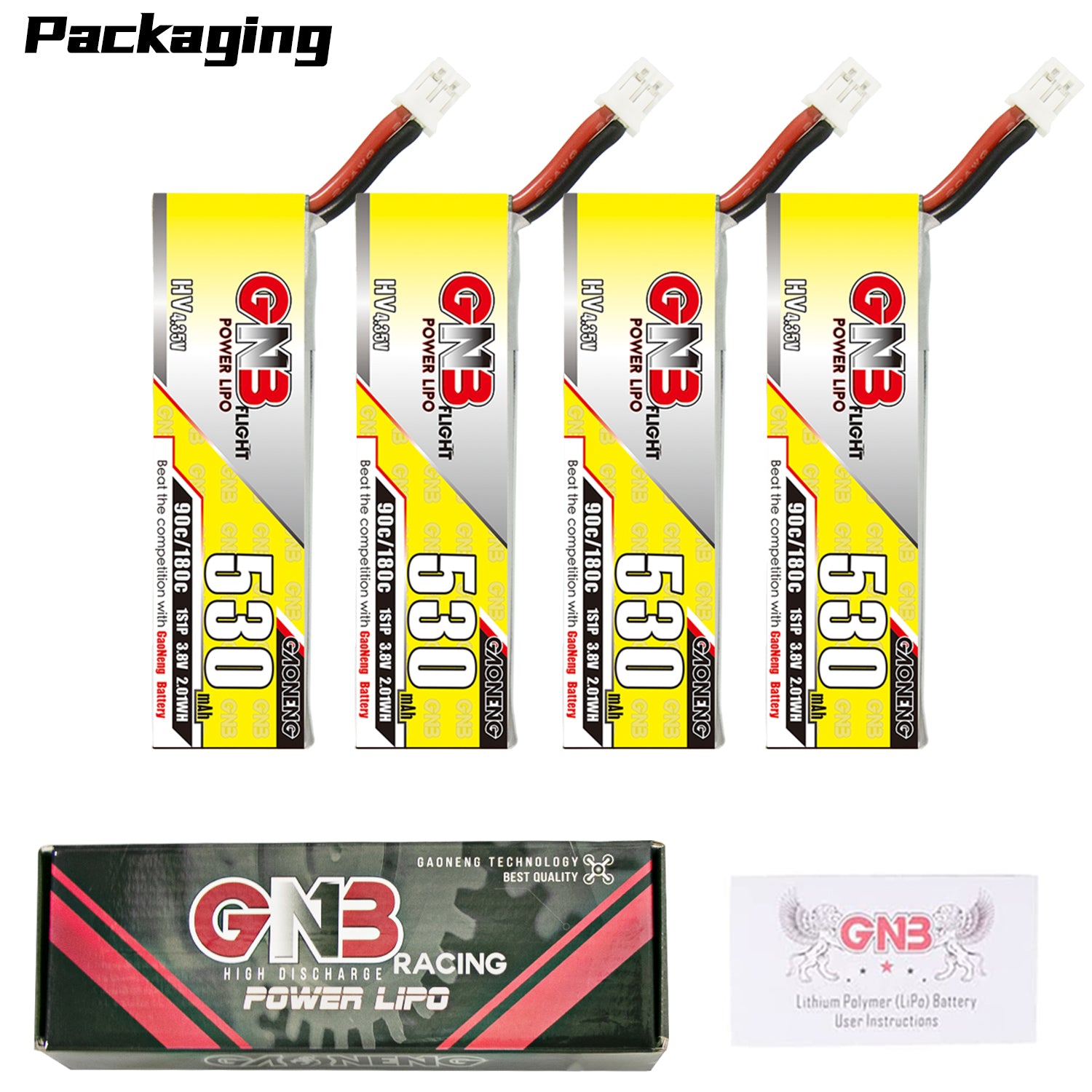 Packaging contents showing 4 GNB 530 batteries plus GNB Racing Power LiPo box and user instructions card