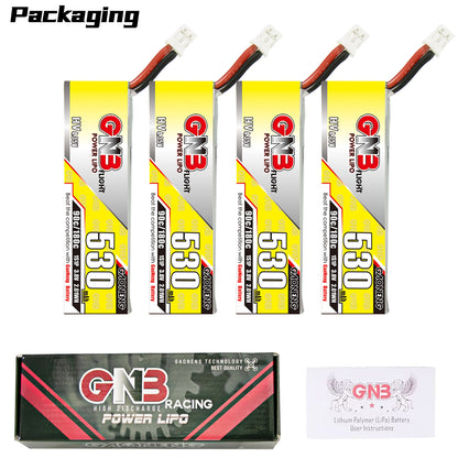 Packaging contents showing 4 GNB 530 batteries plus GNB Racing Power LiPo box and user instructions card