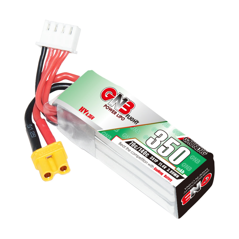 GNB 350mAh 3S LiHV LiPo battery angled view showing XT30 connector and white balance plug