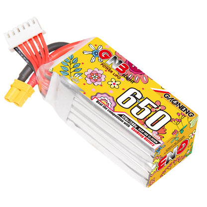 Single GAONENG GNB 650mAh LiHV battery close-up, yellow wrap with XT30 connector and balance plug