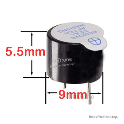 5V active magnetic buzzer for FPV drone, black 9mm diameter x 5.5mm height with two solder pins