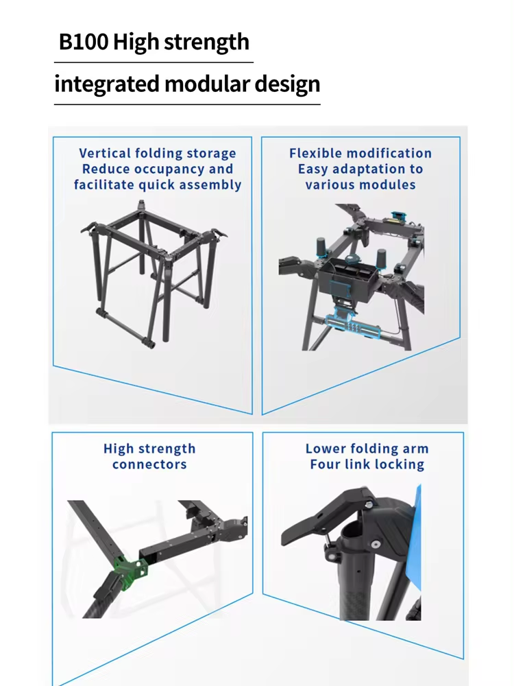 AGR B100 Cleaning Drone, High-strength drone design features vertical folding, flexible modification, and quick assembly of modules, with a focus on reduced occupancy.