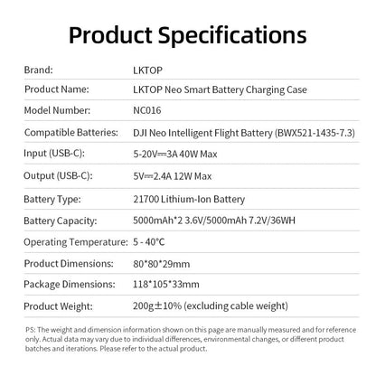 The LKTOP Neo NC016 case charges three DJI Neo batteries, features 40W USB-C input, app control, and works within 5–40°C.