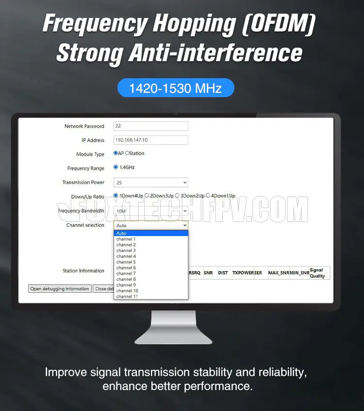 Foxtech VDC Pro 15KM 30KM 48KM 150KM 800MHZ 1.4GHZ 1.5GHZ OFDM Video/Data/RC Wireless Transmission System 12 Frequency Hopping (OFDM) Strong Anti-interference 1420-1530