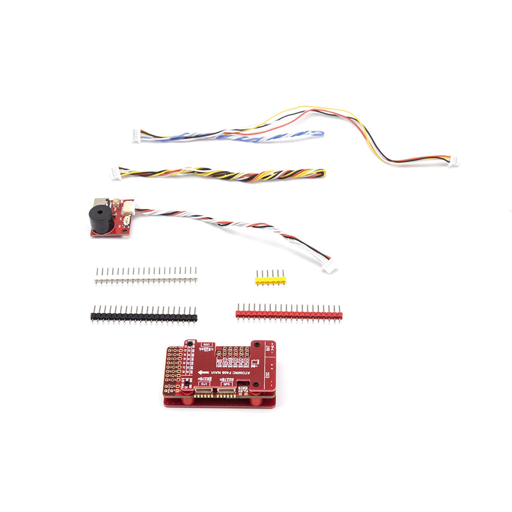 ATOMRC F405 NAVI flight controller kit with wiring harnesses, buzzer module, and pin headers