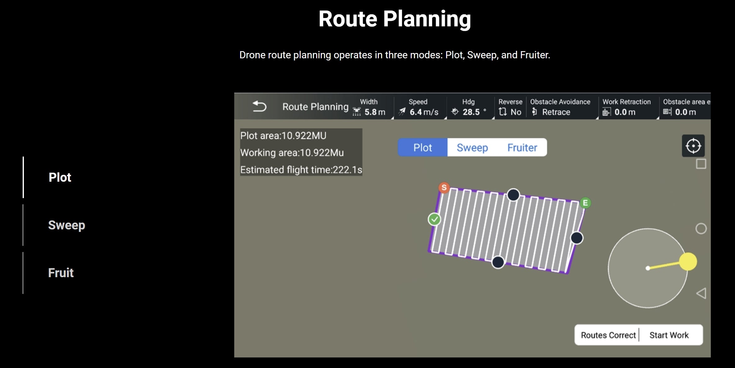 H160 Agricultural Drone, Drone route planning operates in three modes: Plot; Sweep, and Fruit