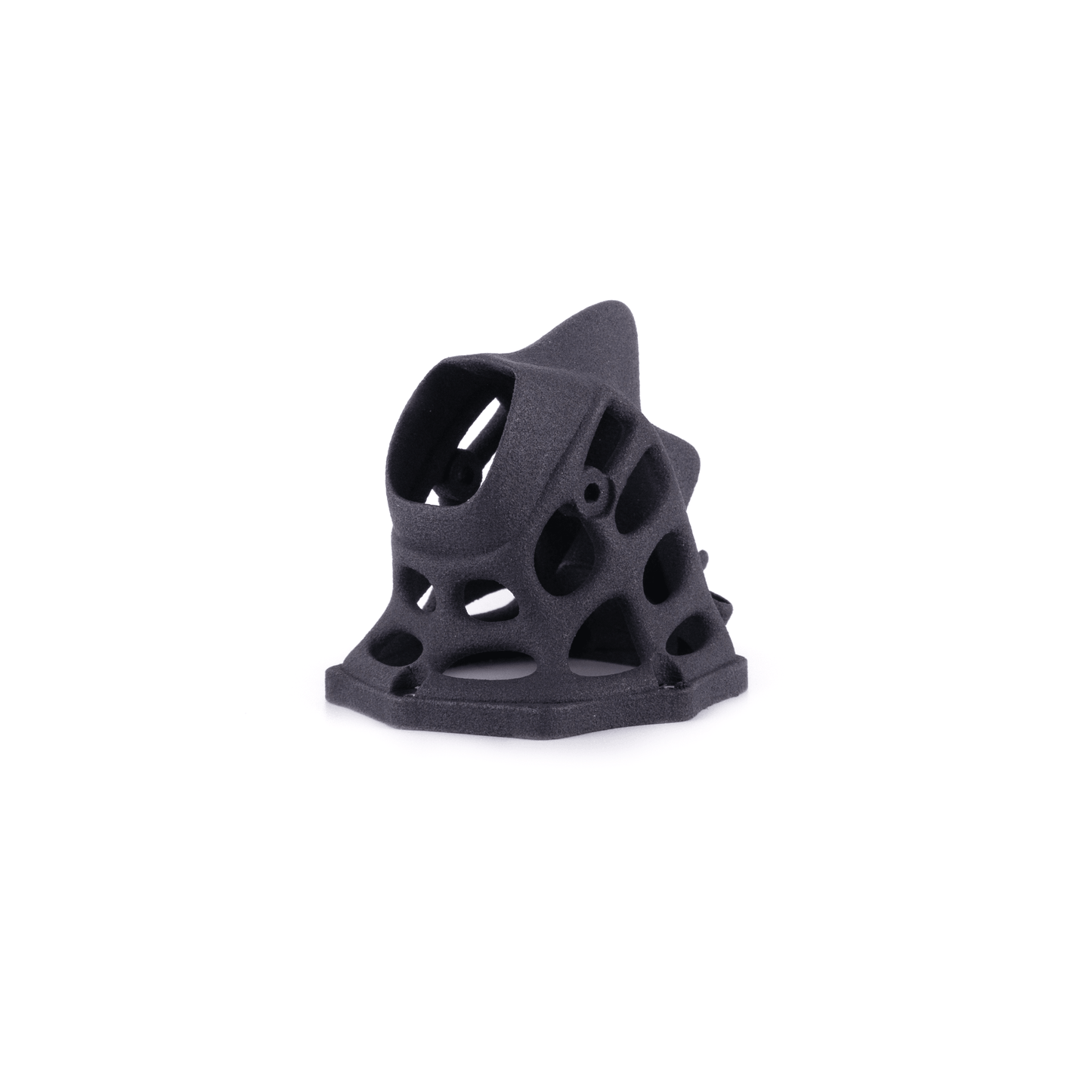 Matte black FPV drone canopy shell, lattice side cutouts with front lens opening