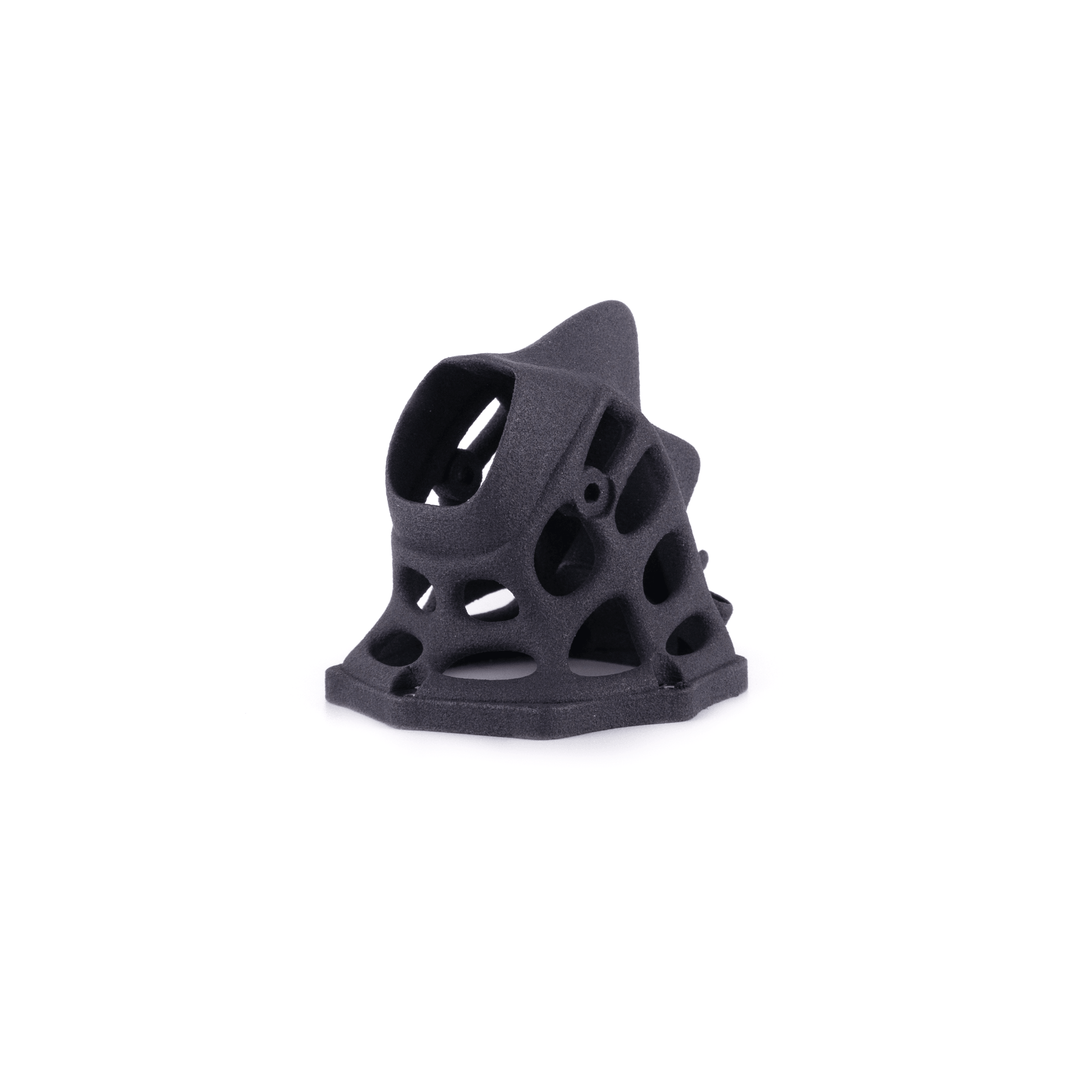 Matte black FPV drone canopy shell, lattice side cutouts with front lens opening