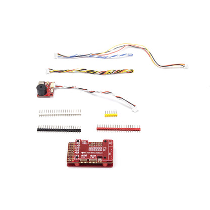 Red flight controller board kit with buzzer module, cables, and pin headers