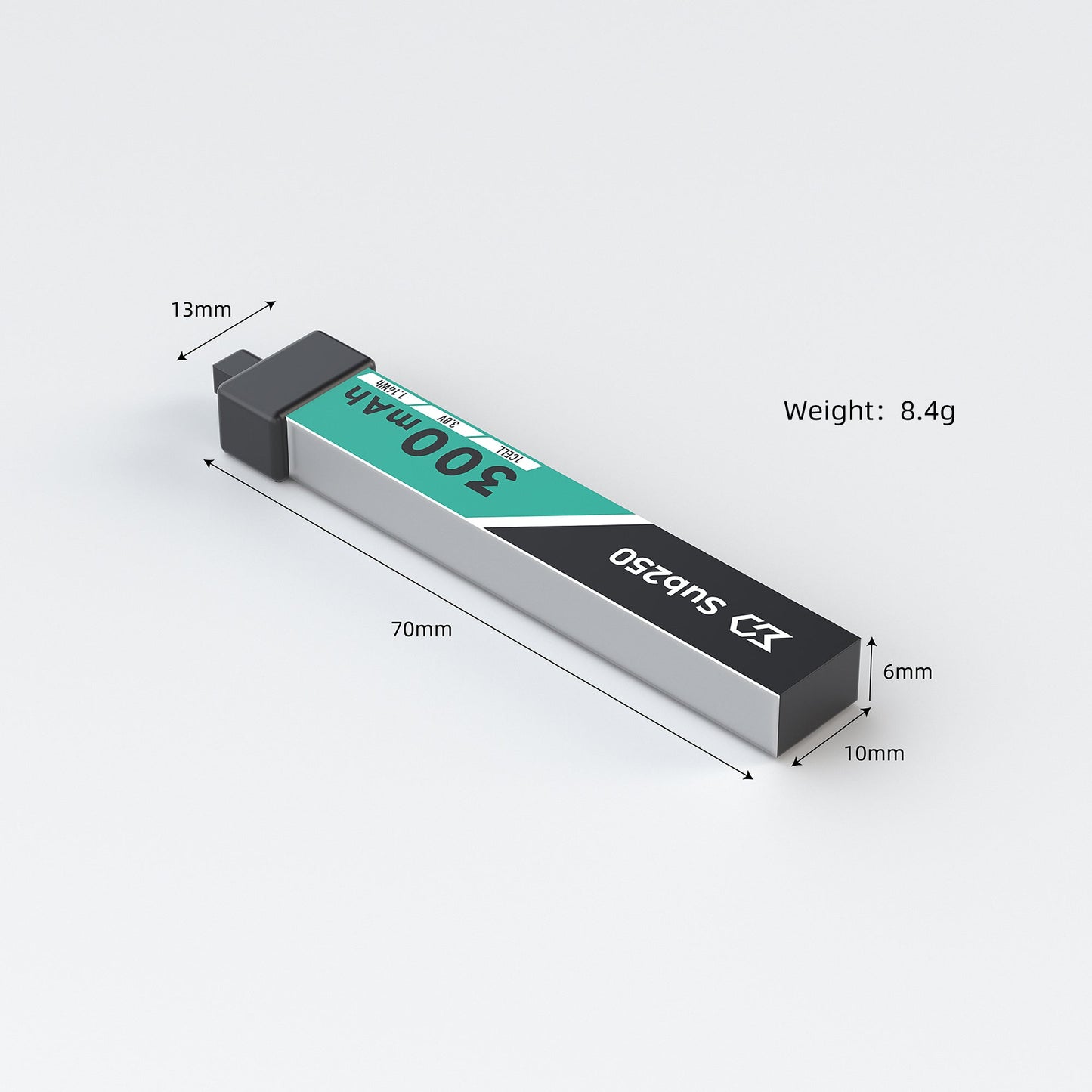 Sub250 1S 300mAh LiHV battery dimensions and weight diagram, 70mm length, 10x6mm, 8.4g