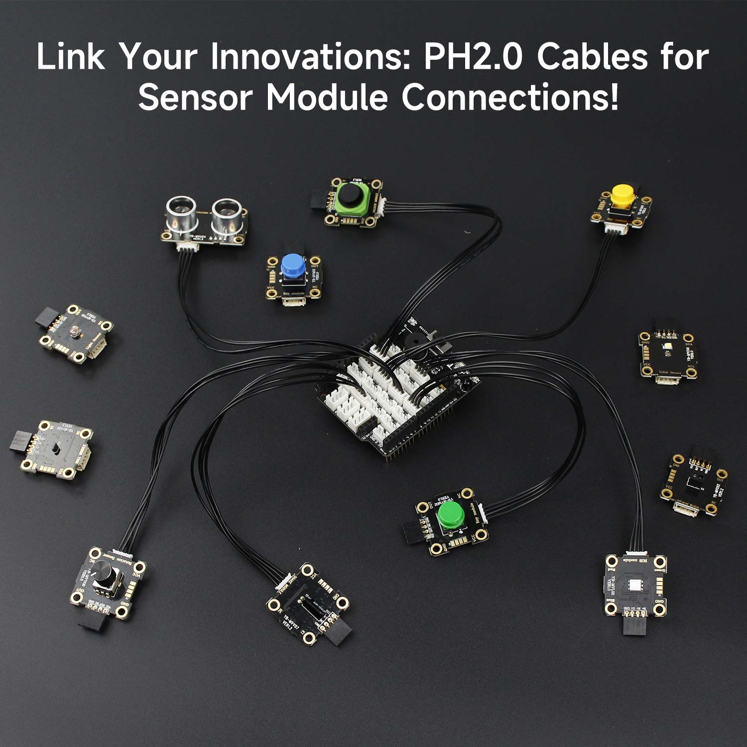 PH2.0 cable use case wiring sensor modules to a hub board, connection layout graphic