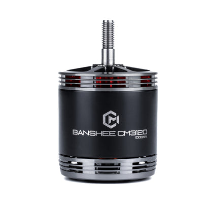 MAD BANSHEE CM3120 V1.0 FPV drone motor with black housing, silver cap, and threaded shaft