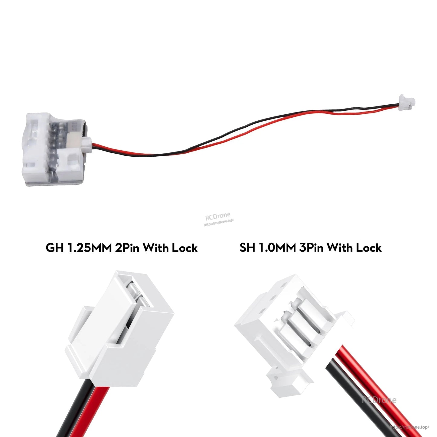 10pcs Flywoo Naked Gopro V2 Power Cable, Flywoo Naked GoPro V2 power cable with red/black leads, GH 1.25mm 2-pin and SH 1.0mm 3-pin locking plugs.