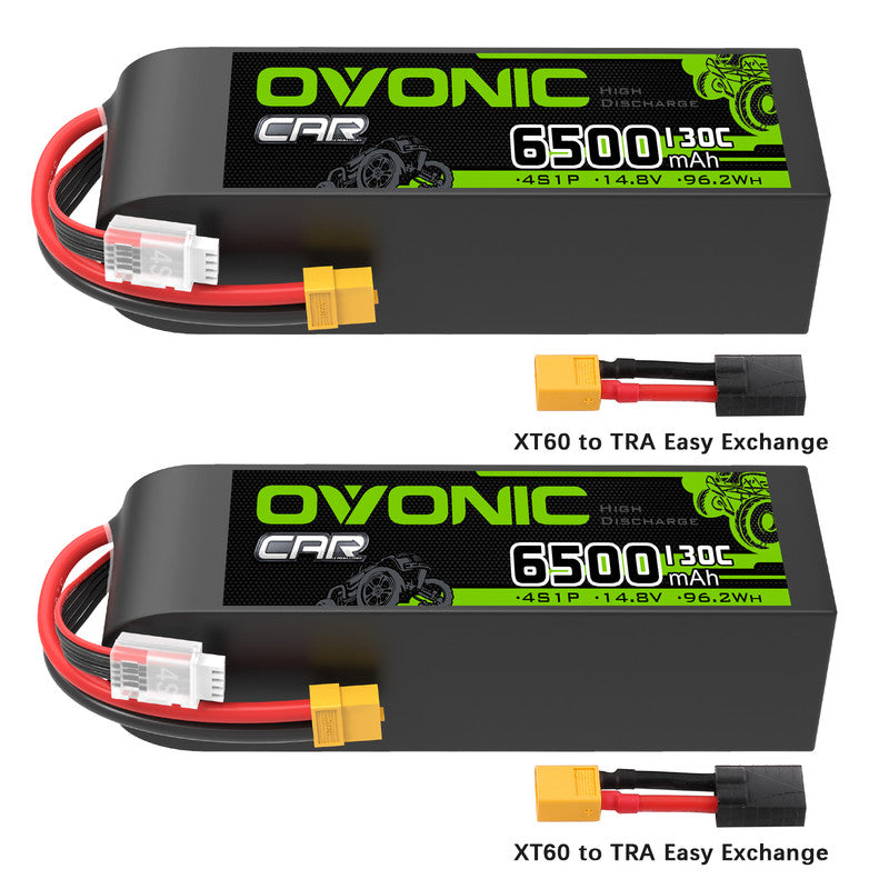 OVONIC 4S 6500mAh 14.8V 130C LiPo batteries, 2-pack with XT60 to TRA easy exchange adapter lead