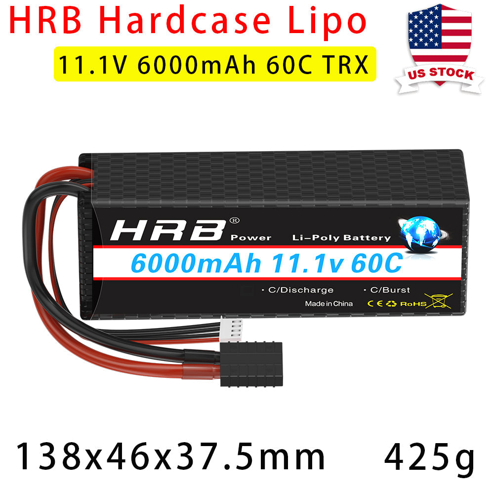 HRB 11.1V 6000mAh 60C hardcase LiPo battery horizontal view with dimensions 138x46x37.5mm and 425g