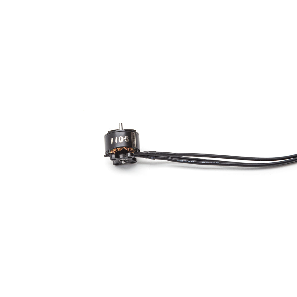 1105 brushless motor side view showing motor can, shaft, and soldered wire leads