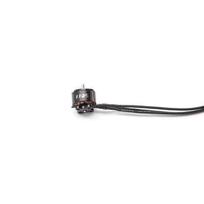 1105 brushless motor side view showing motor can, shaft, and soldered wire leads