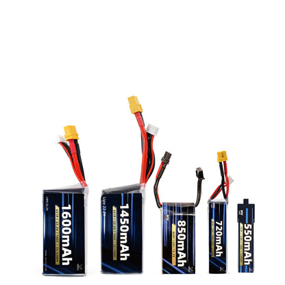 HGLRC 1-6S Power LiHV/LiPo battery lineup showing 6S 1600/1450mAh, 4S 850mAh, 2S 720mAh, 1S 550mAh
