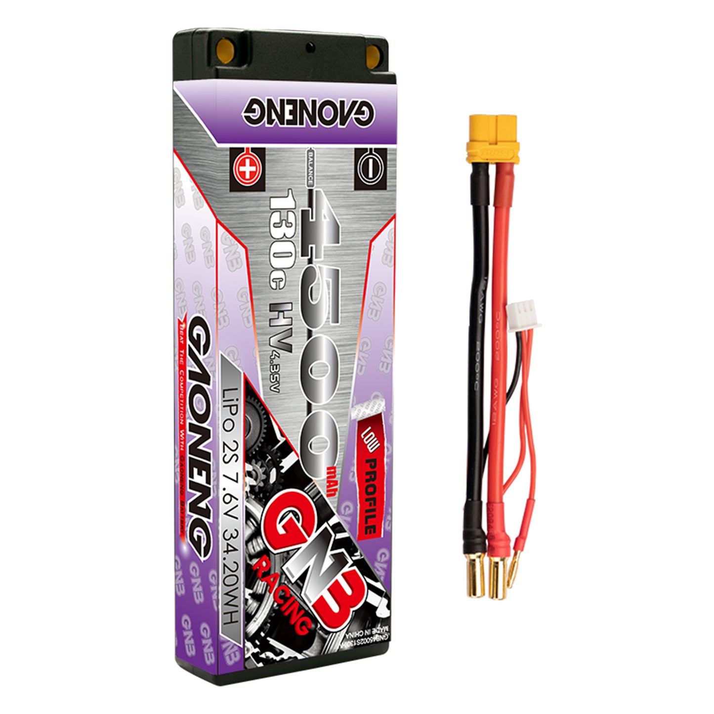 GAONENG GNB 2S 7.6V LiHV 4500mAh 130C hard case LiPo battery with XT60 lead and 5mm bullets