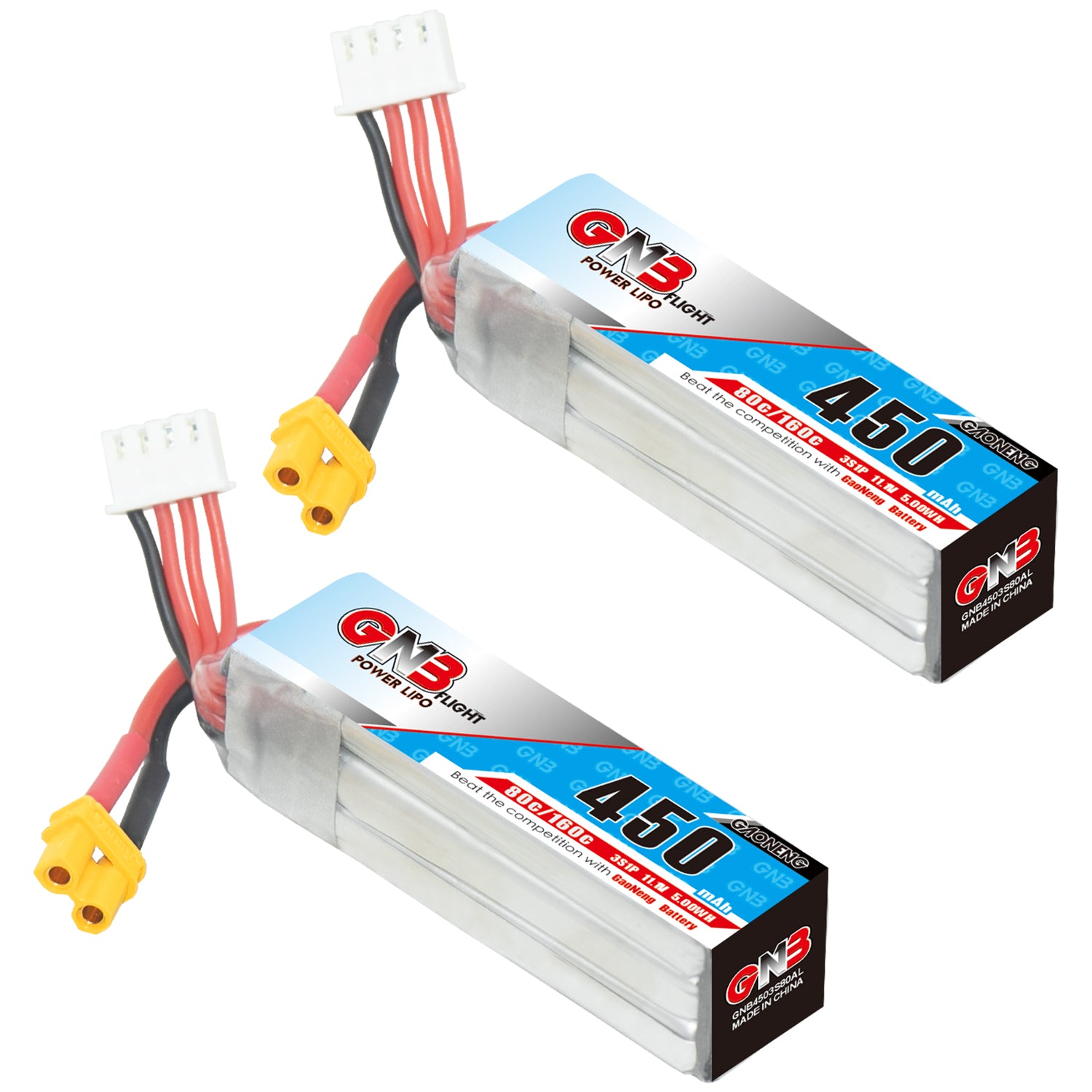 GAONENG GNB 3S 11.1V 450mAh 80C XT30 LiPo Battery pair, label and balance lead visible
