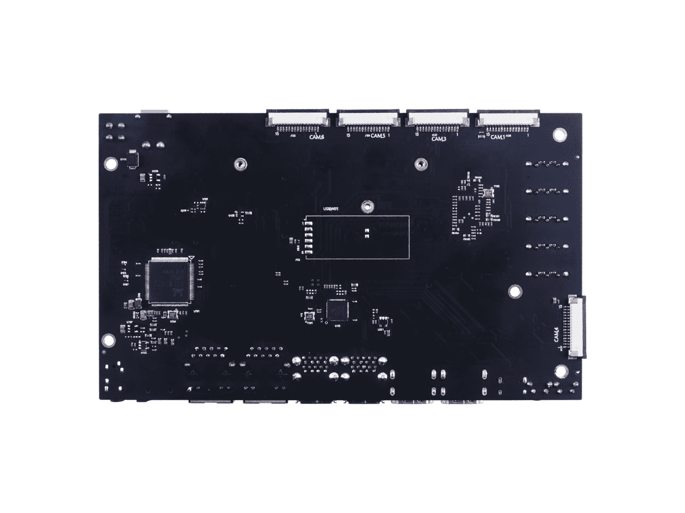 A205 carrier board supports Jetson Nano/Xavier NX/TX2 NX, features 2x GbE, 6x CSI, 5x SATA, 4x USB 3.0, dual HDMI, and 13–19V DC input.