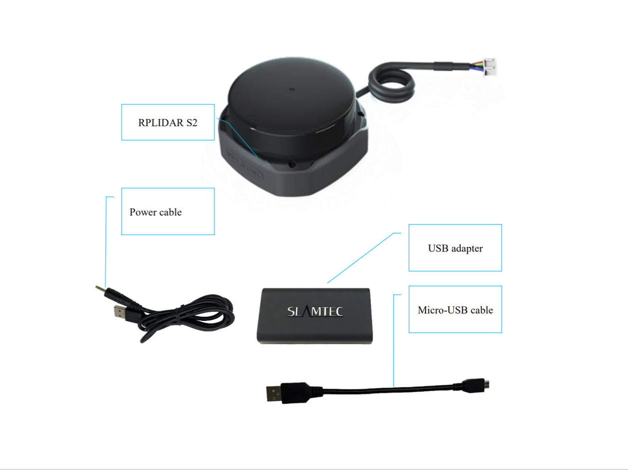 RPLIDAR S2 includes power cable, USB adapter, and micro-USB cable for 360° scanning.
