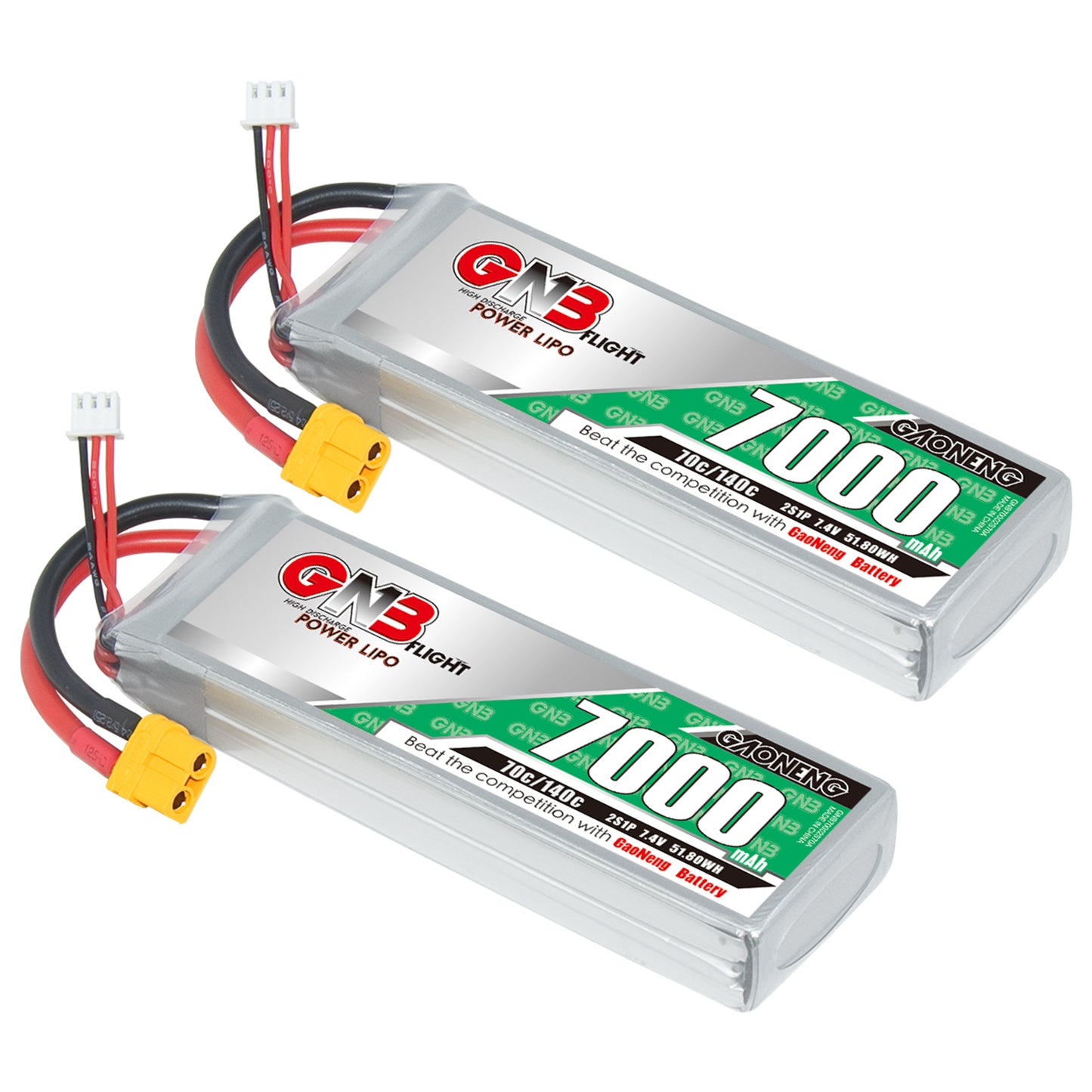 Two GAONENG GNB 7000mAh LiPo batteries shown with XT60 connectors and balance plugs