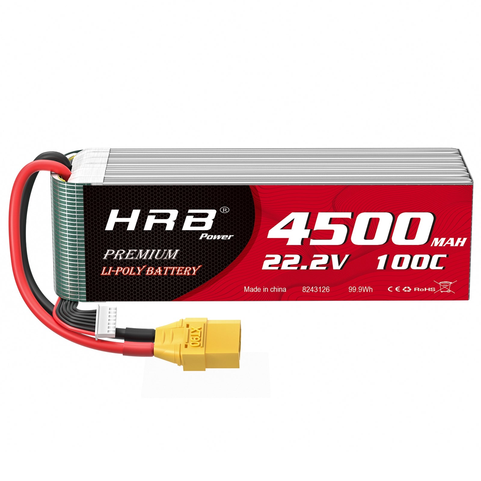 HRB 4500mAh 6S 22.2V 100C LiPo Battery with XT90 plug and 7-pin balance lead, side label view