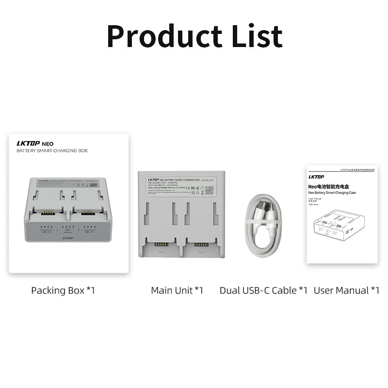 LKTOP Neo smart charger: 3-slot, 40W, app-controlled, supports DJI batteries, includes USB-C cable, manual, and packaging.